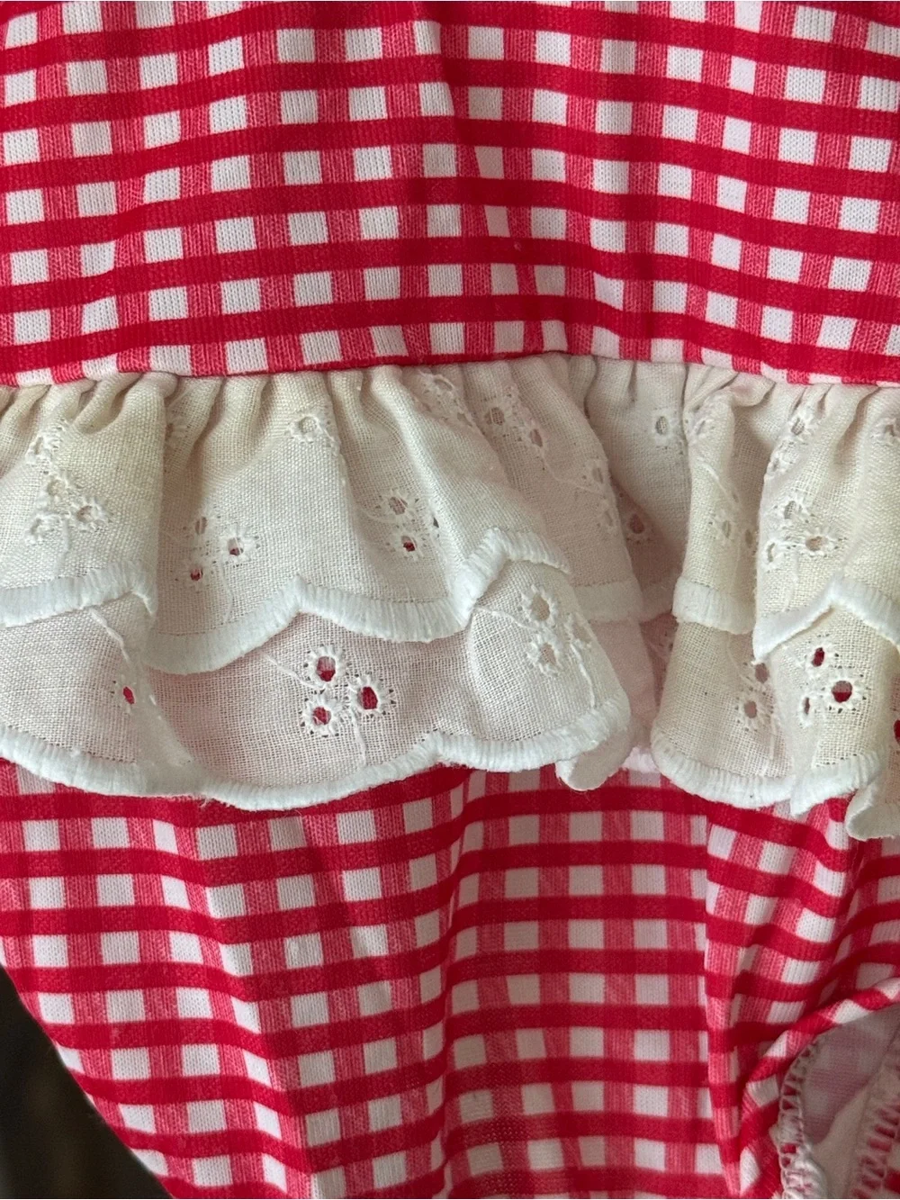 Vintage cherry gingham one piece swimsuit baby girl ruffle eyelet embroidered